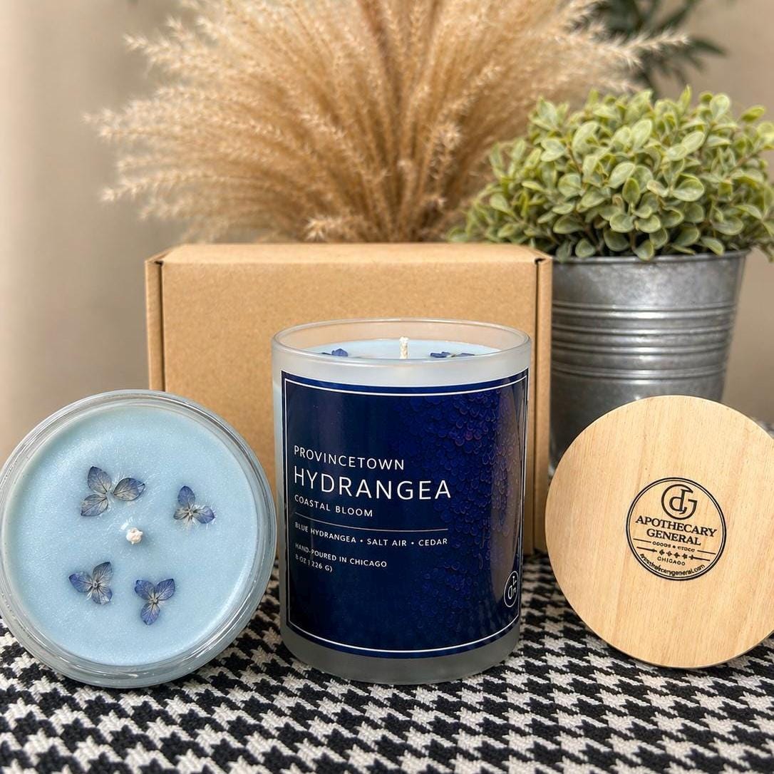 Provincetown Hydrangea Candle – Coastal Bloom Scented  – Blue Hydrangea, Sea Air, Cedar