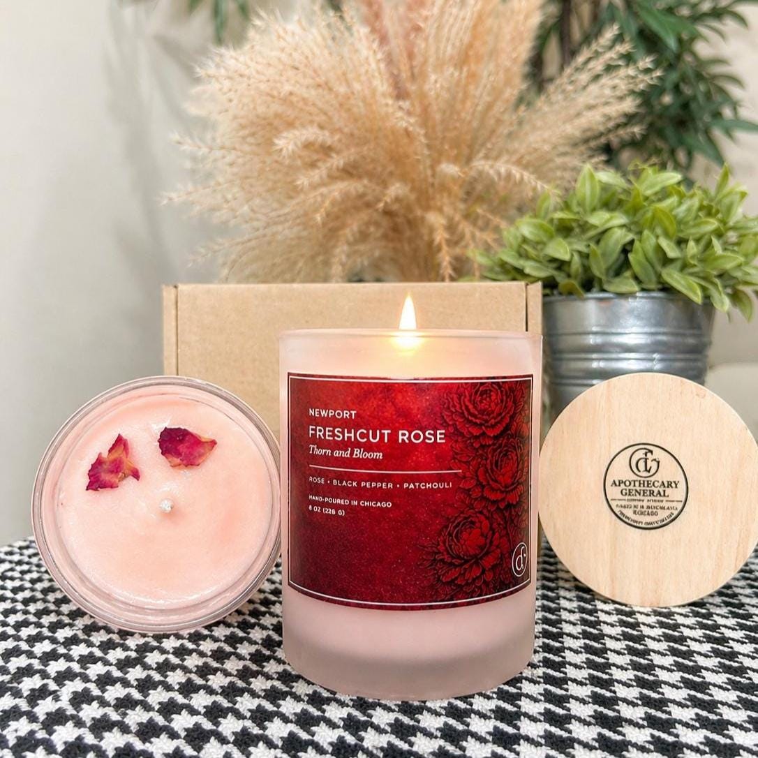 Newport Freshcut Rose Candle – Thorn and Bloom – Floral Hand Poured Orangic in Frosted Glass