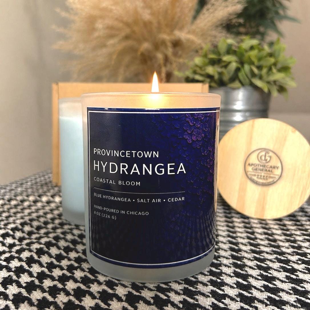 Provincetown Hydrangea Candle – Coastal Bloom Scented  – Blue Hydrangea, Sea Air, Cedar