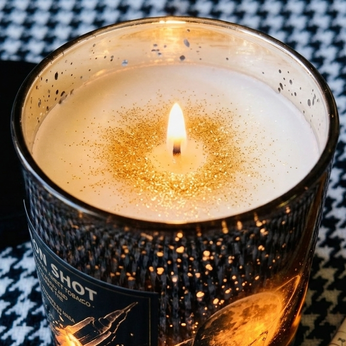 Candle in a decorative holder with a lit wick on a checkered fabric background