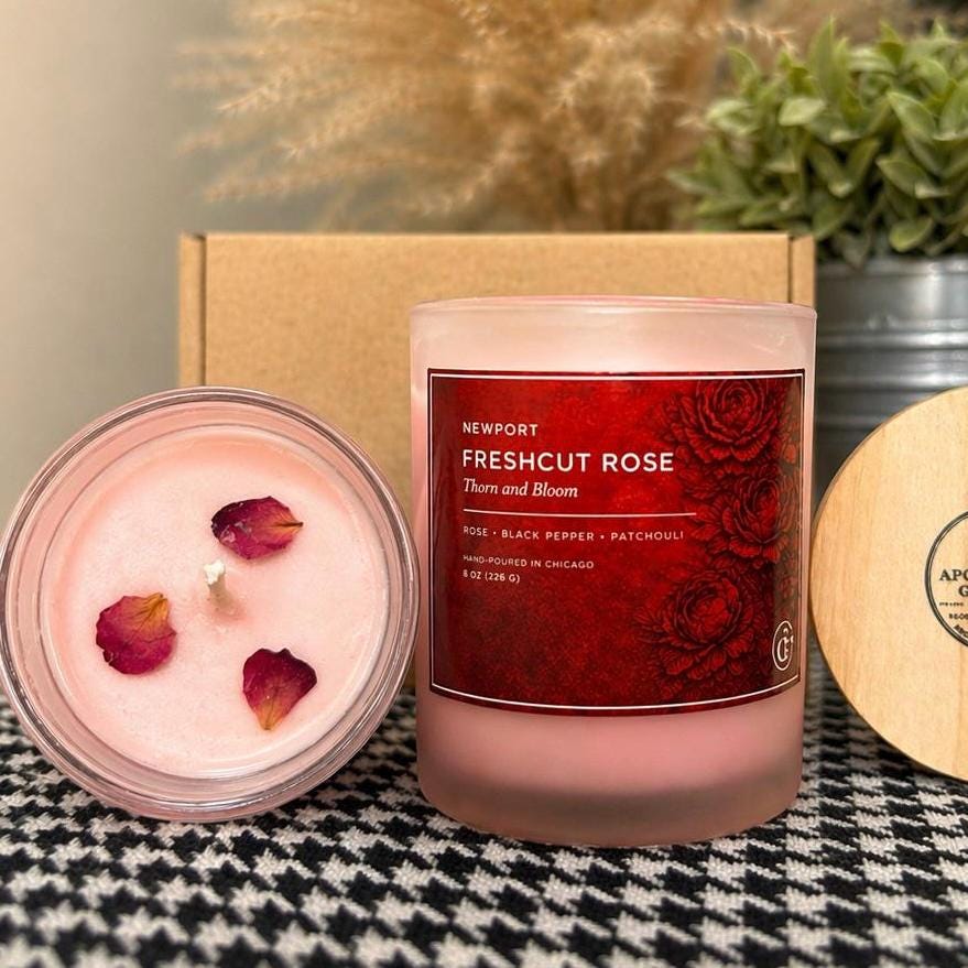 Newport Freshcut Rose Candle – Thorn and Bloom – Floral Hand Poured Orangic in Frosted Glass