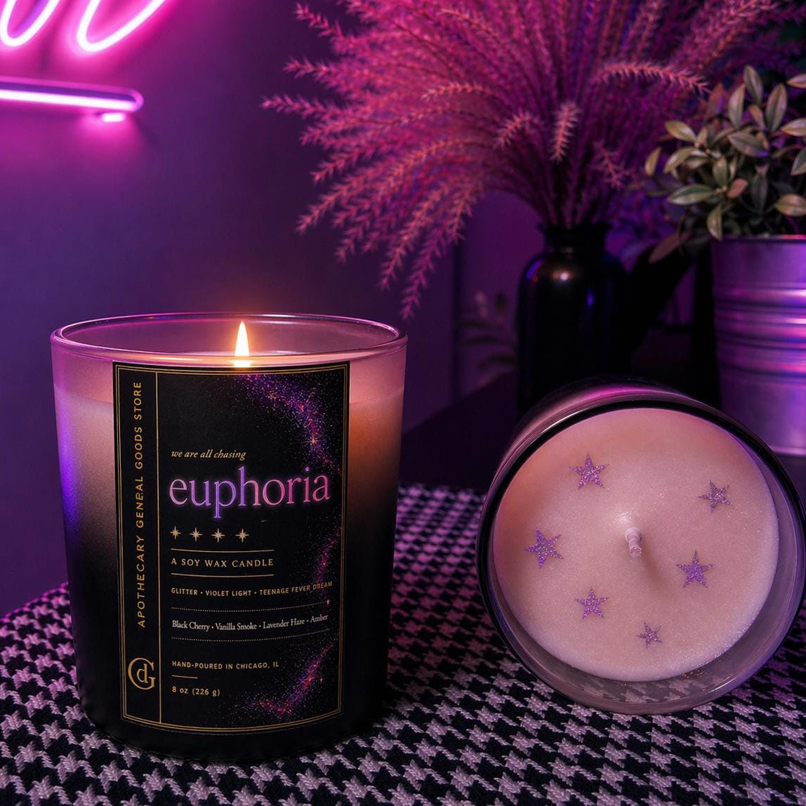 euphoria Wax Candle, Black Cherry Vanilla Smoke, Ombre Glass, Metallic Stars, Hand-Poured Chicago