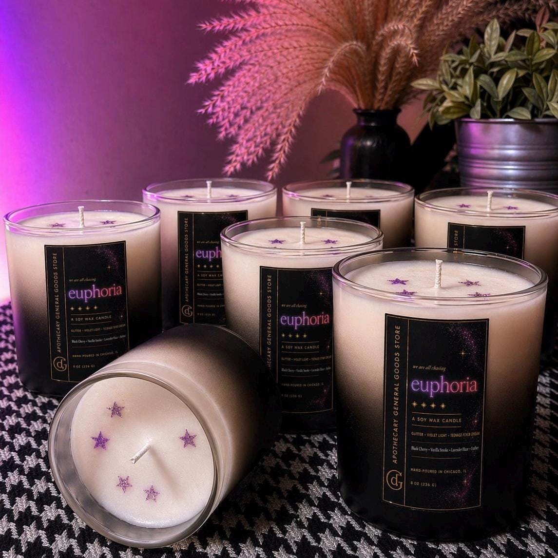 euphoria Wax Candle, Black Cherry Vanilla Smoke, Ombre Glass, Metallic Stars, Hand-Poured Chicago