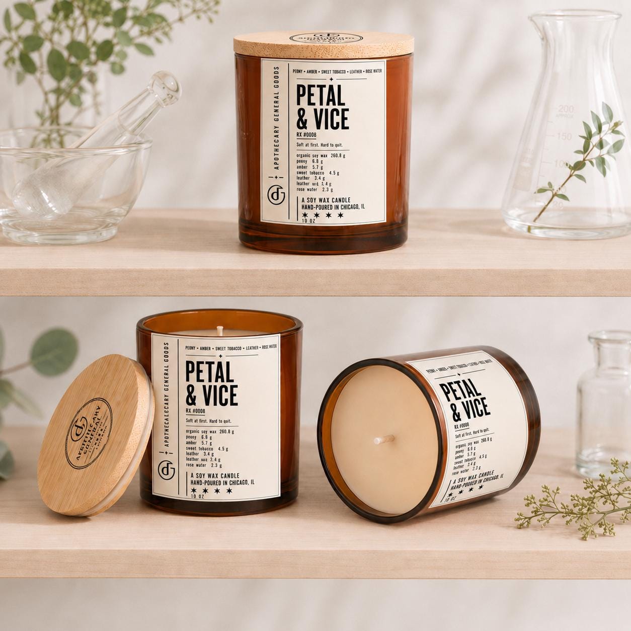 Petal & Vice Organic Candle | Peony, Amber, Sweet Tobacco, Leather (10oz) with optional Upcycling