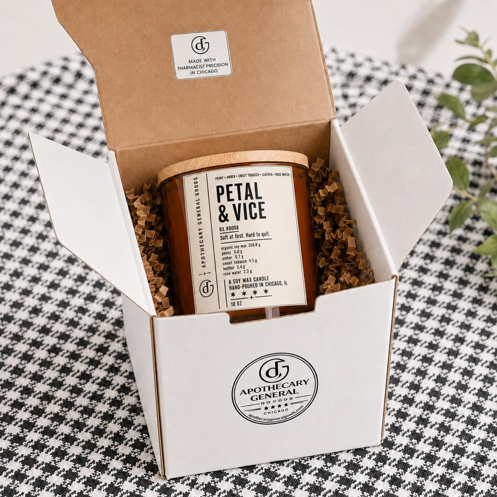 Petal & Vice Organic Candle | Peony, Amber, Sweet Tobacco, Leather (10oz) with optional Upcycling