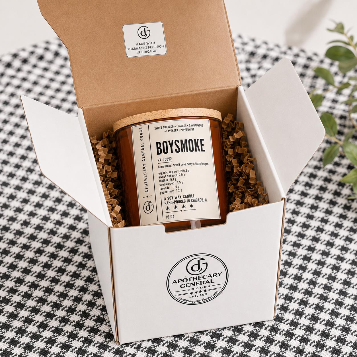 Boysmoke Organic Candle | Sweet tobacco, Leather, Sandalwood (10 oz) with optional Upcycling