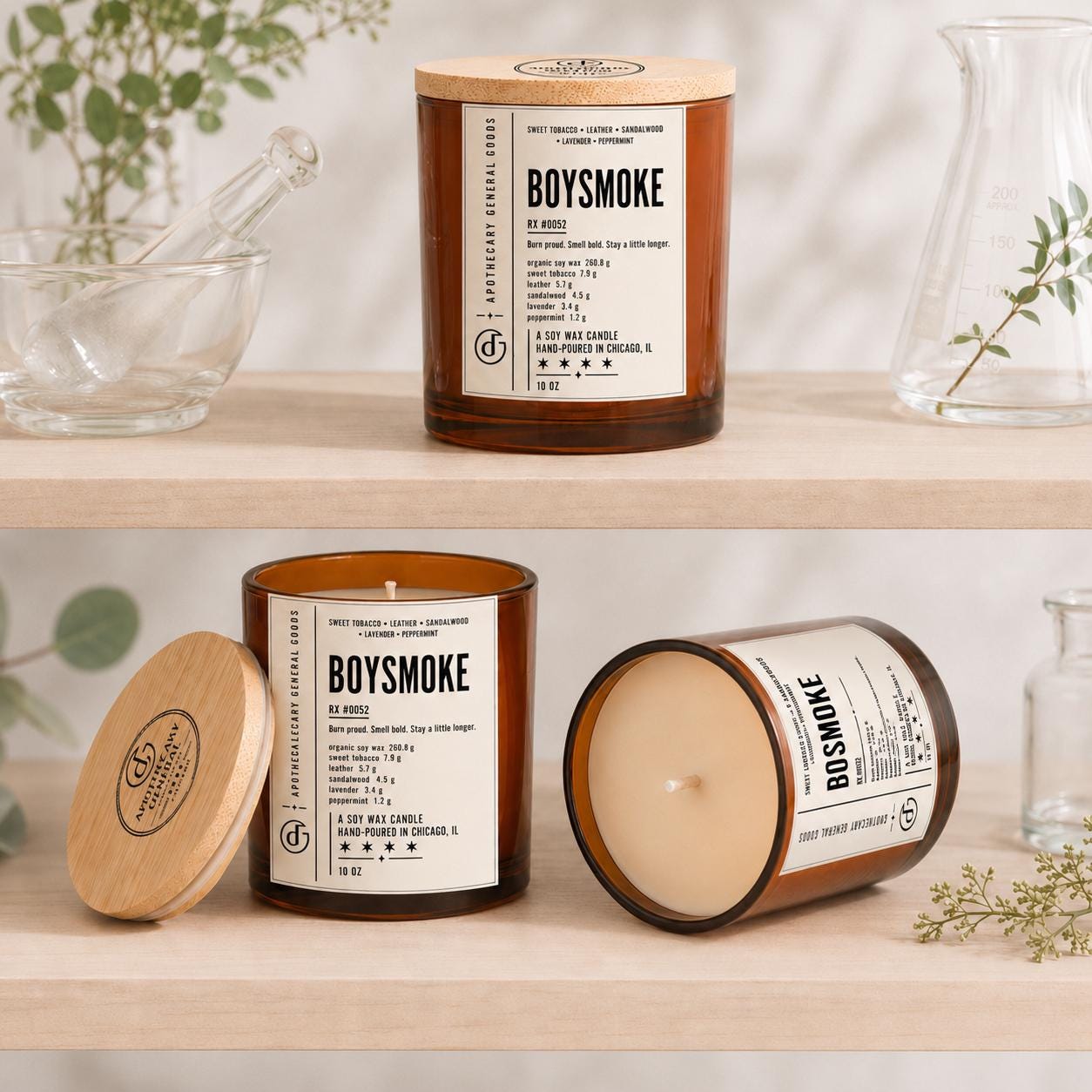 Boysmoke Organic Candle | Sweet tobacco, Leather, Sandalwood (10 oz) with optional Upcycling