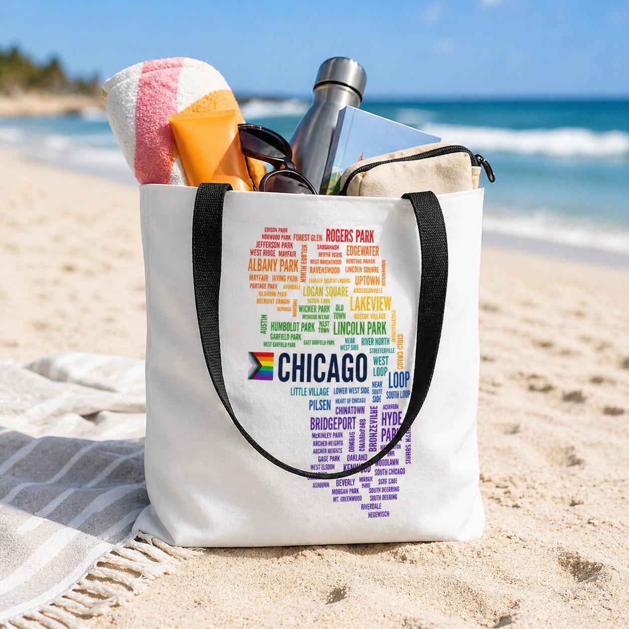 Chicago Neighborhoods Pride Tote Bag | Rainbow City Map Tote